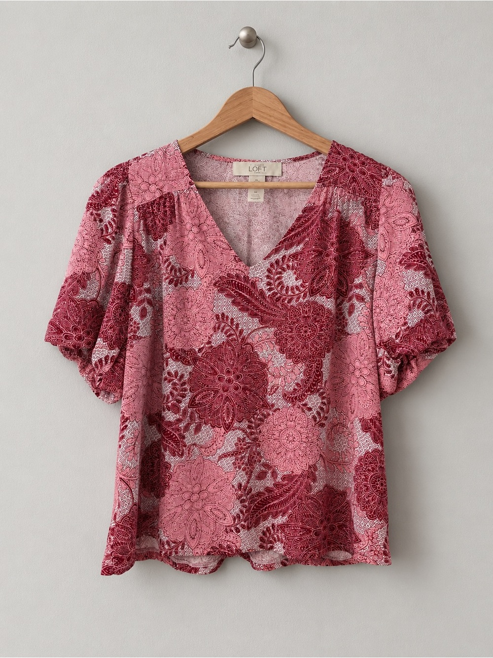 LOFT Pink Burgundy Floral Puff Sleeve Blouse Medium